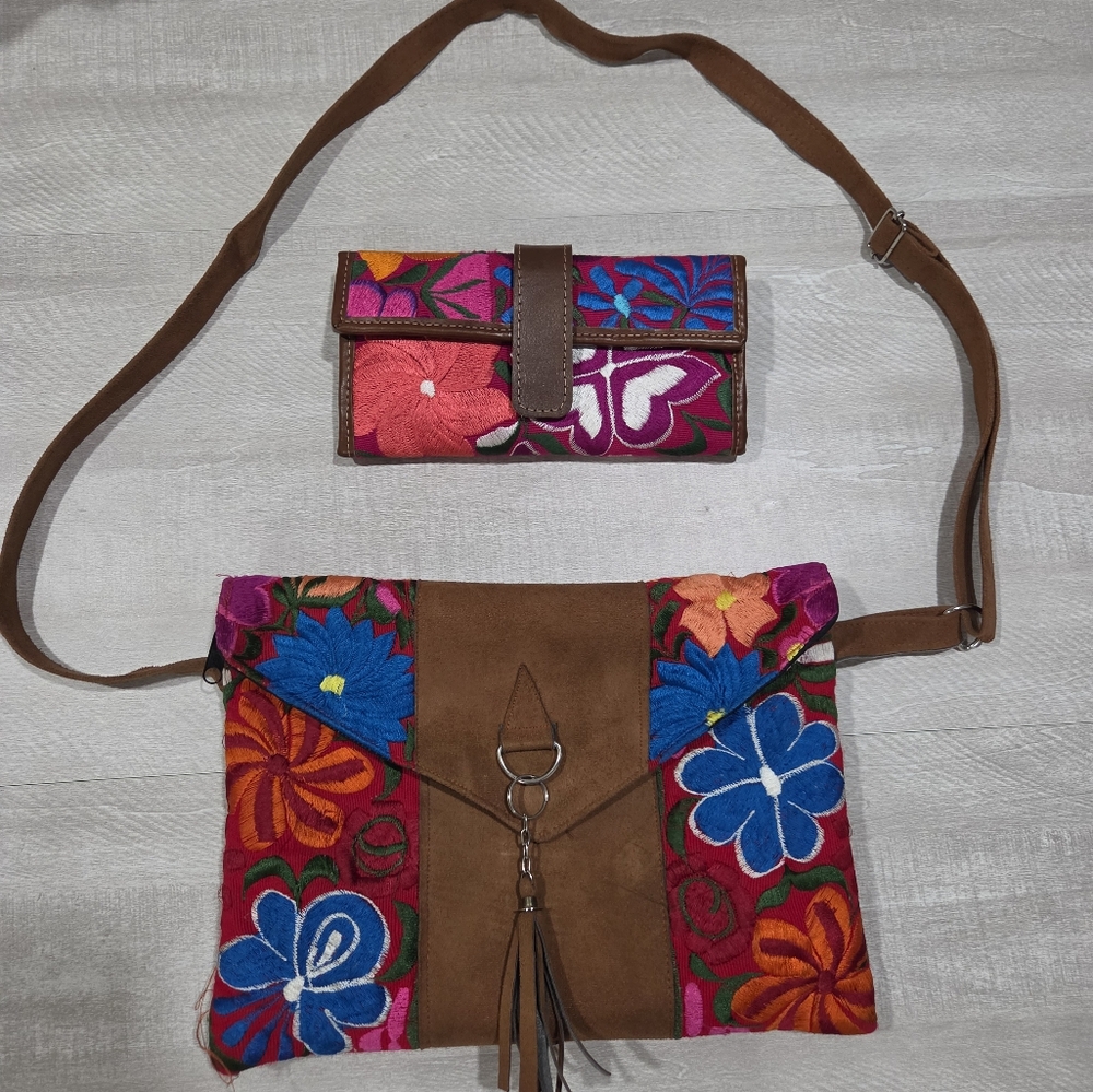 Hand-Embroidered Floral Crossbody Bag and Wallet Set - Brown & Multicolor